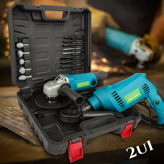 GK bušilica i kutna brusilica u koferu s dijelovima