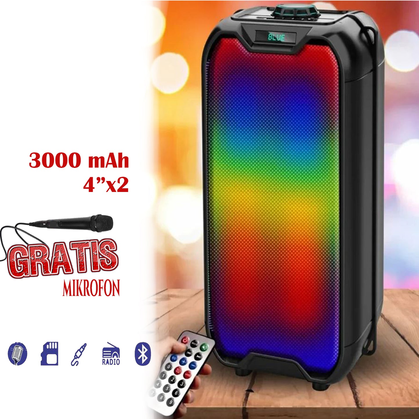 BLUETOOTH KARAOKE ZVUČNIK 3000mah SA MIKROFONOM I DALJINSKI GRATIS ZQS-4235