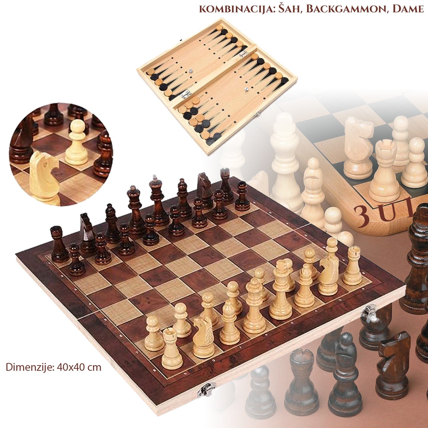 KOMBINACIJA ZABAVA 3U1 ŠAH, BACKGAMMON, DAME