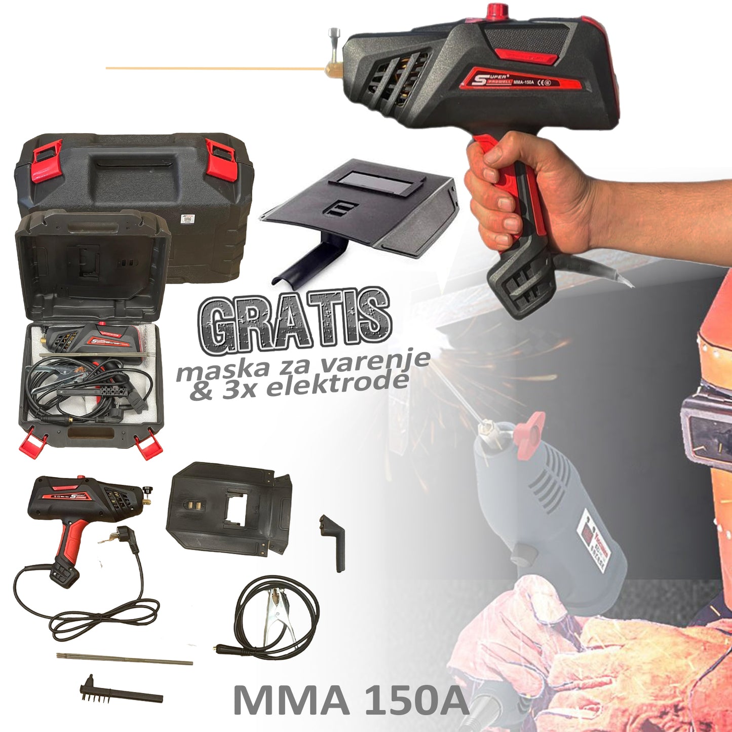 PRIJENOSNI APARAT ZA VARENJE U KOFERU SA GRATIS MASKOM I 3 ELEKTRODE MMA 150A