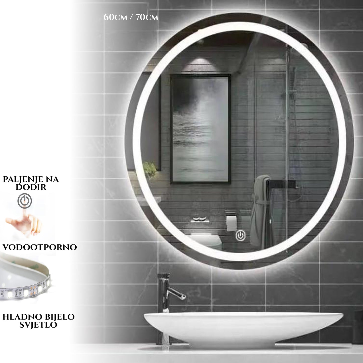 OKRUGLO OGLEDALO S LED OSVJETLJENJEM M637/M638 60X70 CM