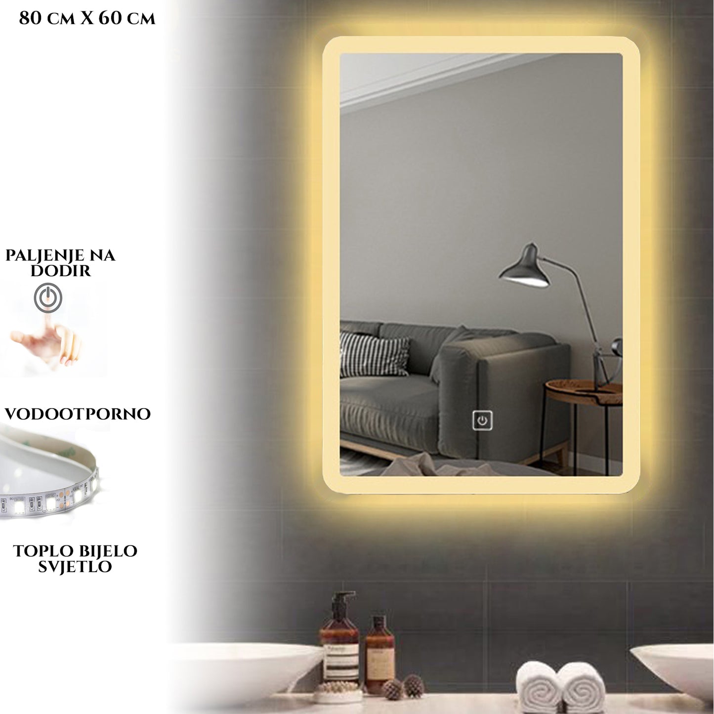 VERTIKALNO STANDARDNO OGLEDALO S LED OSVJETLJENJEM M642 80X60 CM