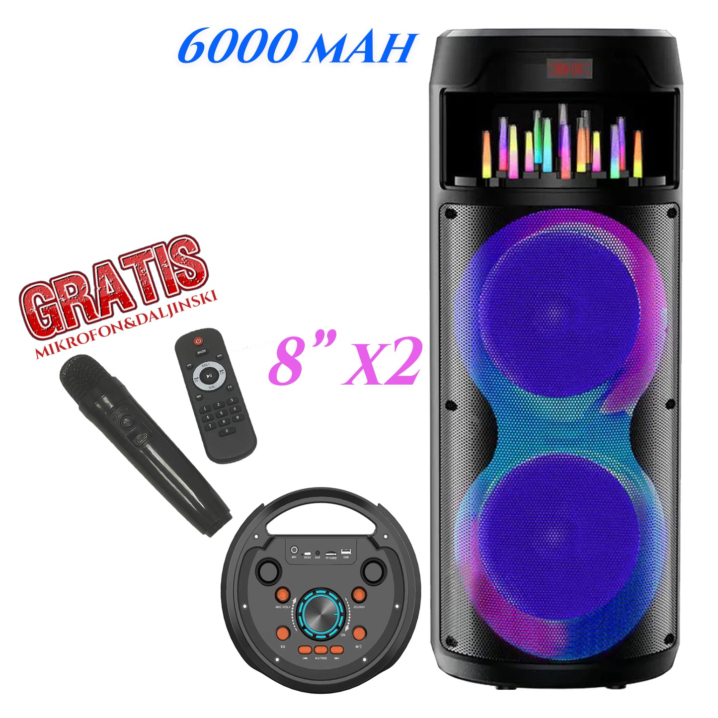 PARTY CINEMA ZVUČNIK 6000mah 8'' X2 SA GRATIS BEŽIČNIM MIKROFONOM I DALJINSKIM