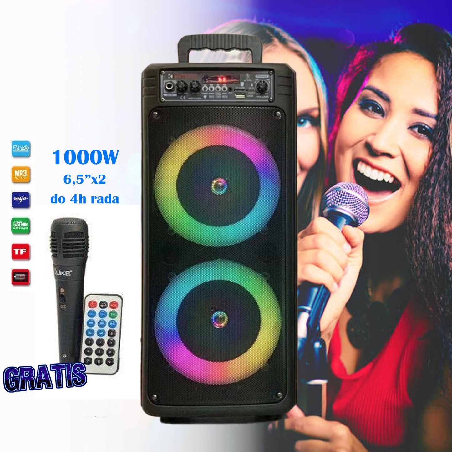 BLUETOOTH KARAOKE ZVUČNIK 1000W SA DALJINSKIM I MIKROFONOM GRATIS QS-7604