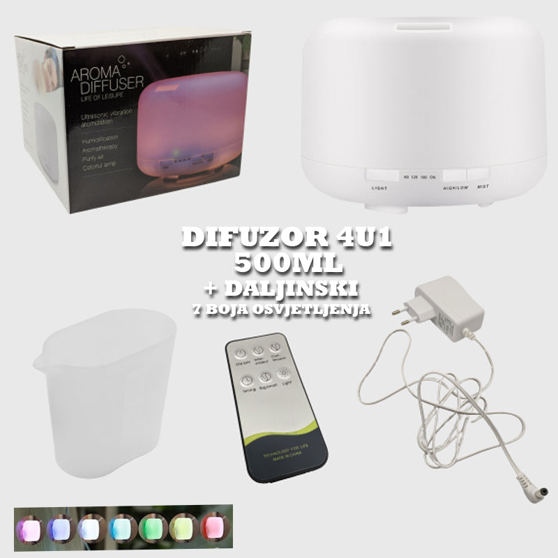DIFUZOR 4U1 500ML + DALJINSKI SA 7 BOJA OSVJETLJENJA