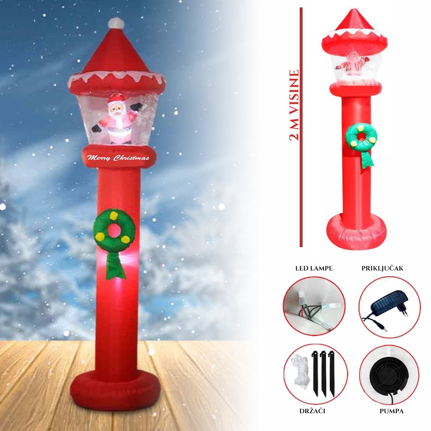 BOŽIĆNA LAMPA NA NAPUHAVANJE 2M KOJA SVIJETLI SA LETEĆIM SNIJEGOM